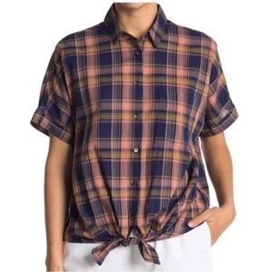 Madewell Tie Hem Plaid Button Down Shirt in Blue Night